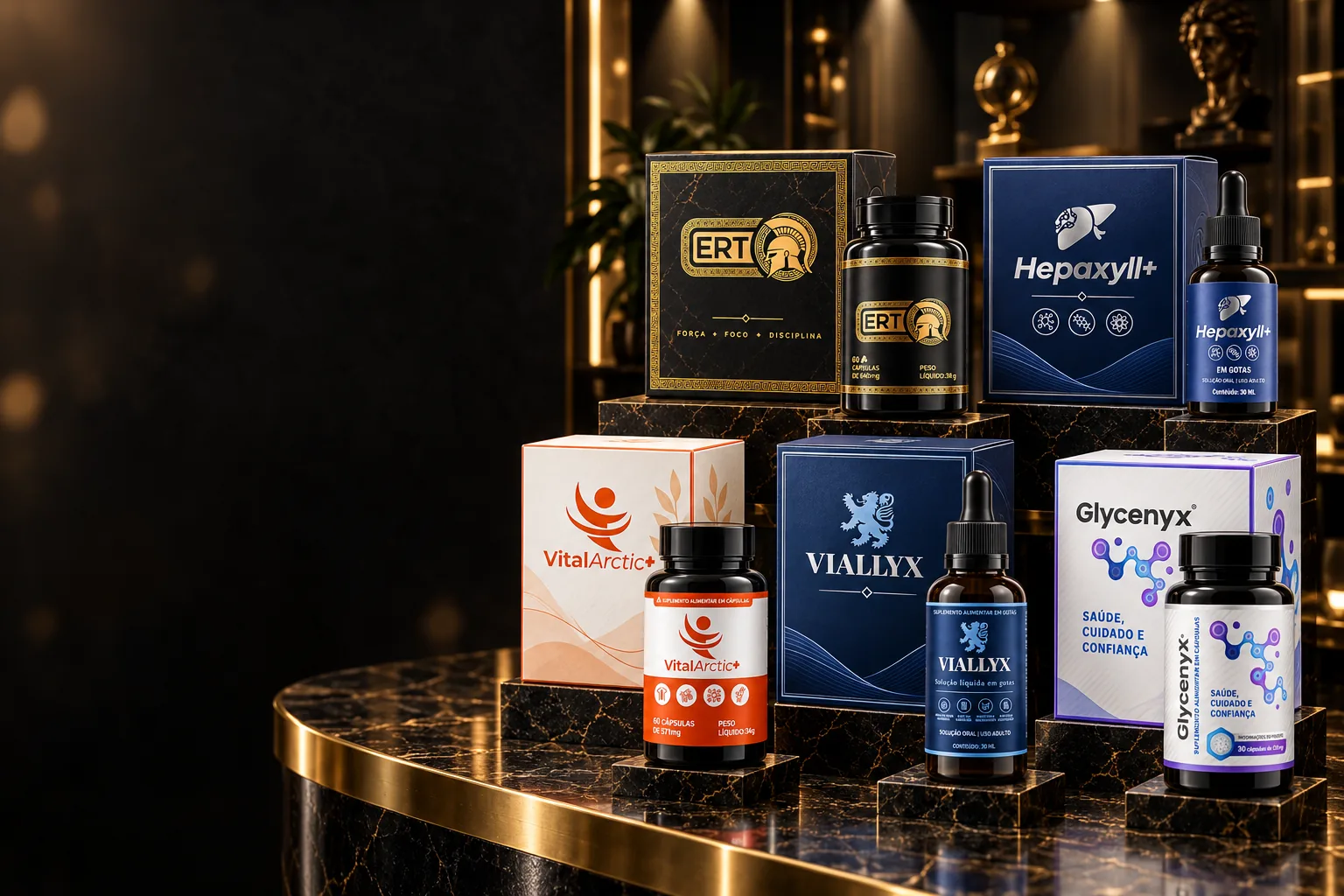 As cinco marcas Legacy sobre um balcão de mármore negro, numa boutique à noite